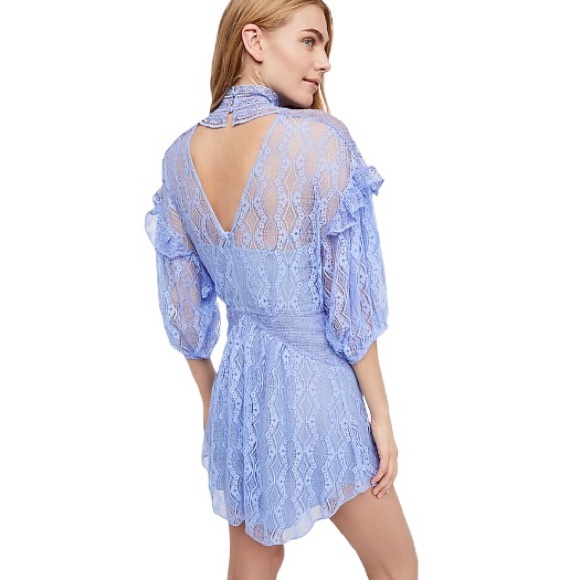 Free People Womens Lace Overlay Mock Neck Broadway Blue Mini Dress - Picture 2 of 12